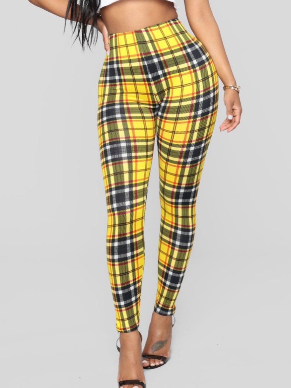 Yellow Plaid High-Waist Leggings